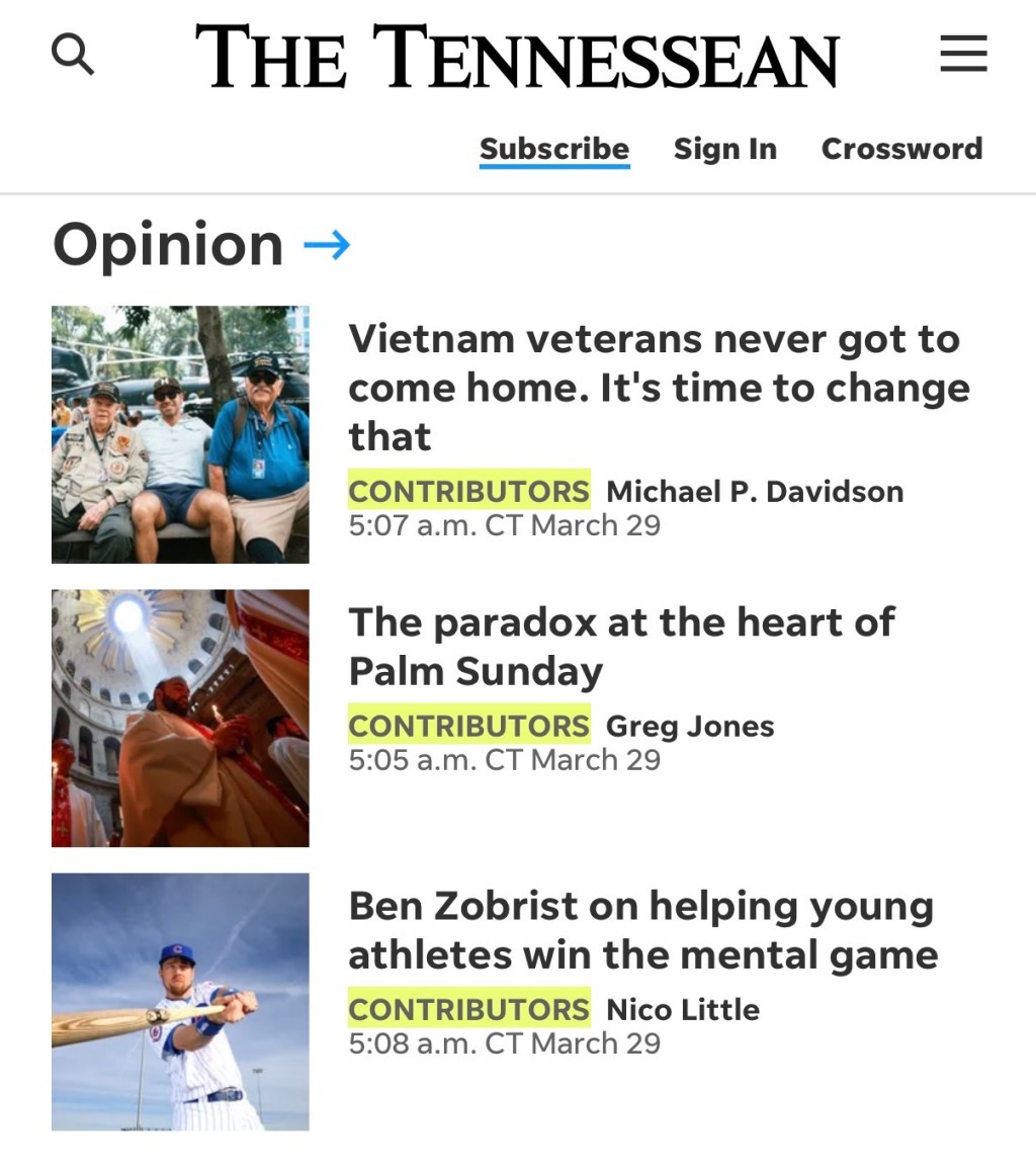 Screenshot of an opinion piece published on The Tennessean.